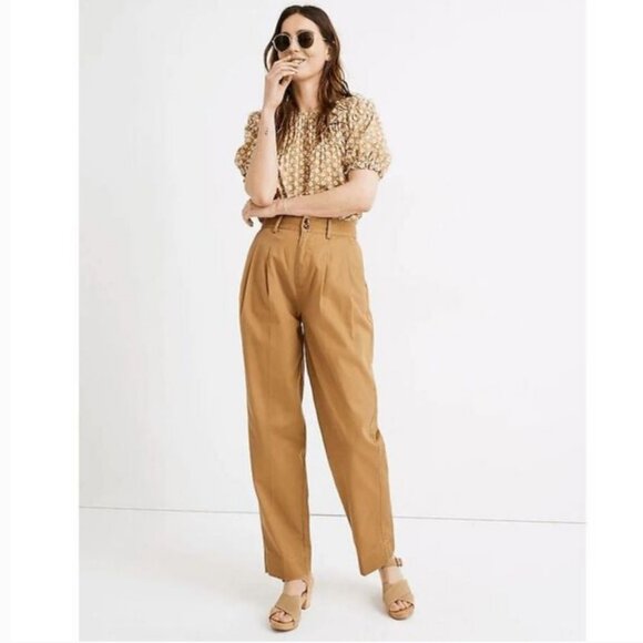Madewell Camel Tan Cotton Pleated Taper Wide Leg High Waist Slouchy Pants Size 4 - Picture 12 of 12